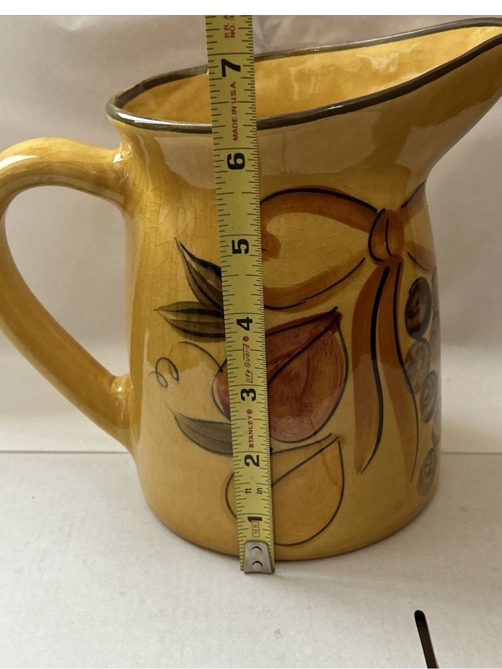 Yellow Ceramic Pitcher with Fruit and Bow Motif - Picture 9 of 10